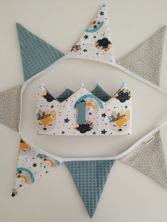 Conjunto Cumpleaños : Banderola+ Corona+ Números de Madera Fox arcoíris