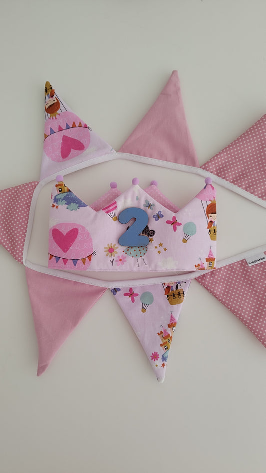 Conjunto Cumpleaños : Banderola+ Corona+ Números de Madera Hadas y princesas