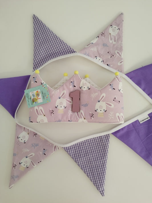 Conjunto Cumpleaños : Banderola+ Corona+ Números de Madera Vichy Morado