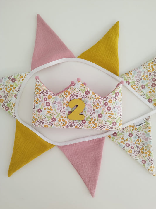 Conjunto Cumpleaños : Banderola+ Corona+ Números de Madera Zinnia