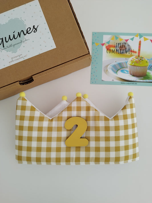 Corona de cumpleaños reversible Vichy Mostaza Clásica