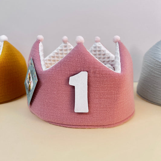 Corona infantil cumpleaños reversible muselina rosa clásica